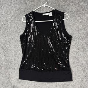 Worthington Tank Top Womens Large Black Sequin V-Neck Party Clubwear Sleeveless